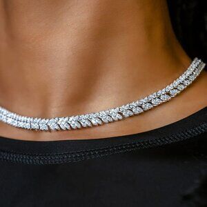 GLD Shop Iced Herringbone Sparkly CZ Necklace in White Gold- 7mm 16"